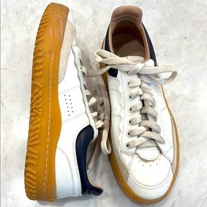 Chloe White and Navy Sneakers with Orange Sole